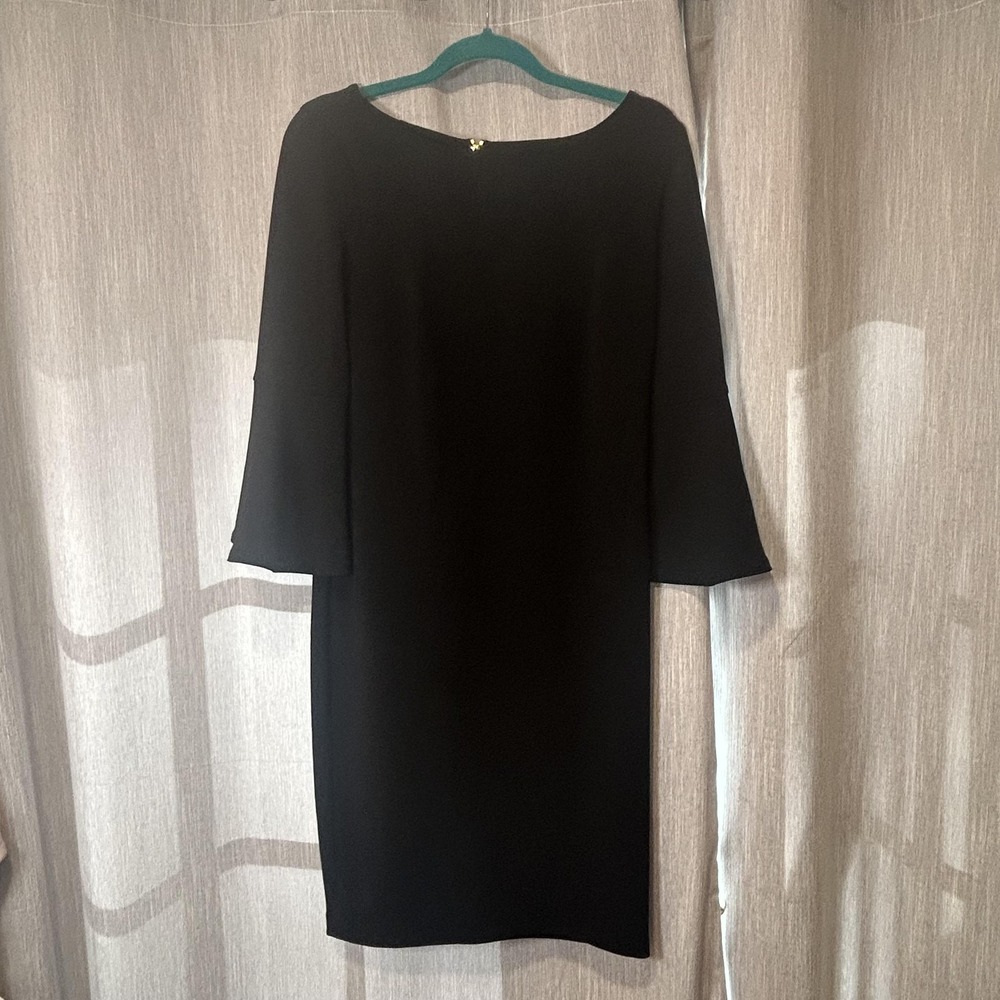 Calvin Klein Dress Womens 8 Black Bell Sleeve Sheath Knee Length Zip Back Office
